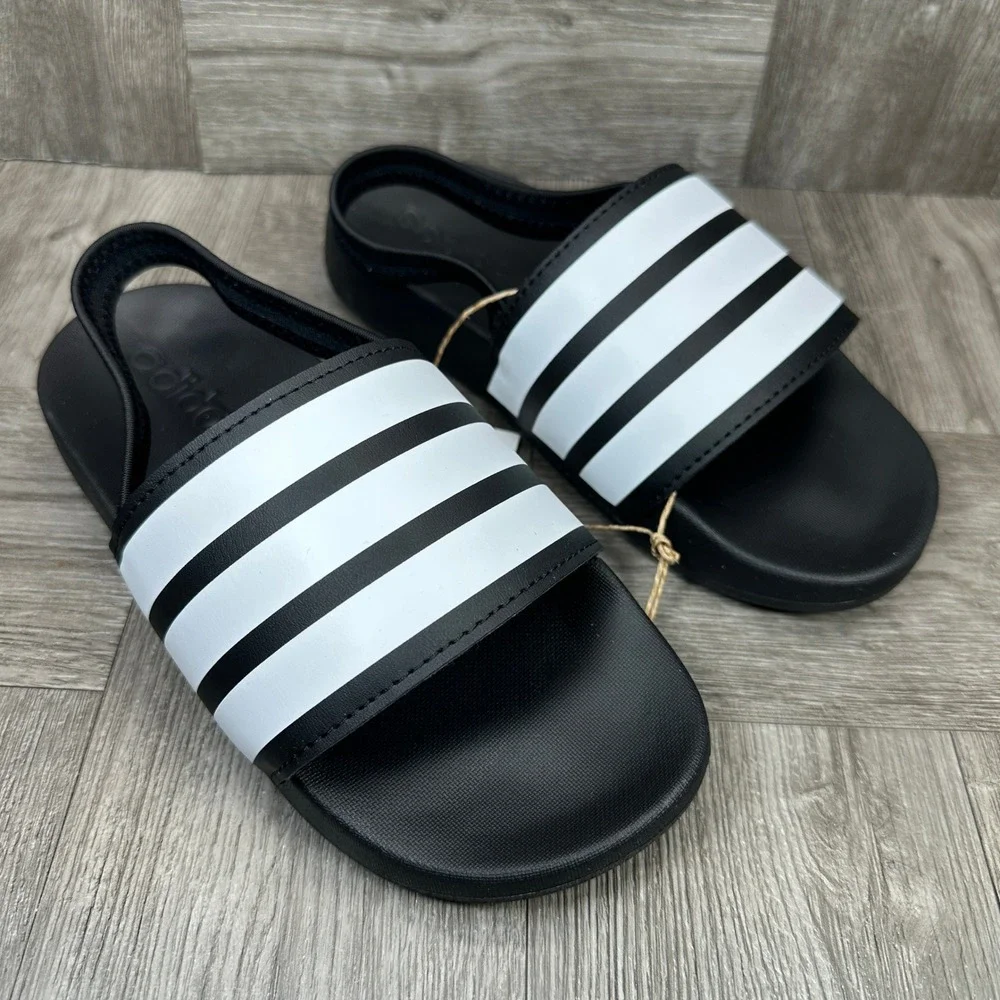 Adidas Adilette ESTRAP C‎ Kids Size 1 Black White Striped Backstrap NEW GZ5245
